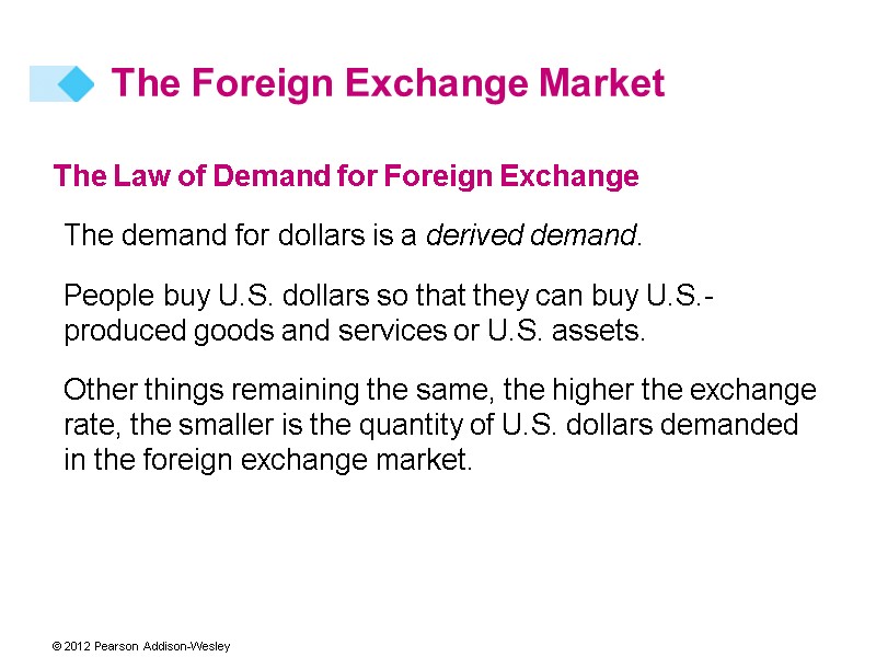 The Law of Demand for Foreign Exchange The demand for dollars is a derived